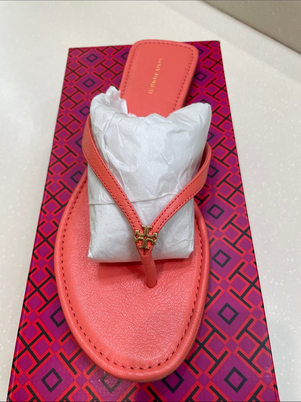 Tory Burch Coral Leather Logo Thong Sandals - Gold Logo Accent